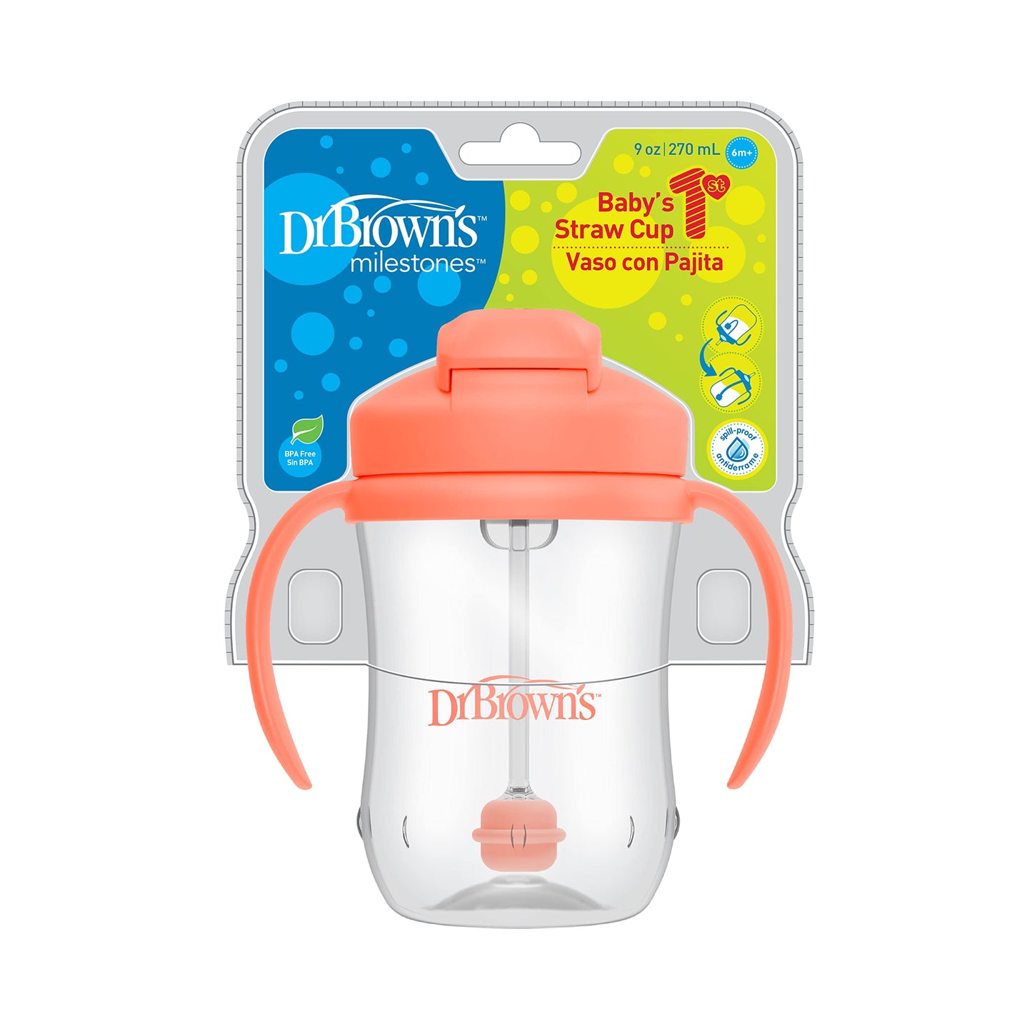 Dr. Brown's Milestones Baby's First Straw Cup – 9 oz/270 mL Training Cup with Weighted Straw, BPA-Free, Coral, for Babies 6 Months+