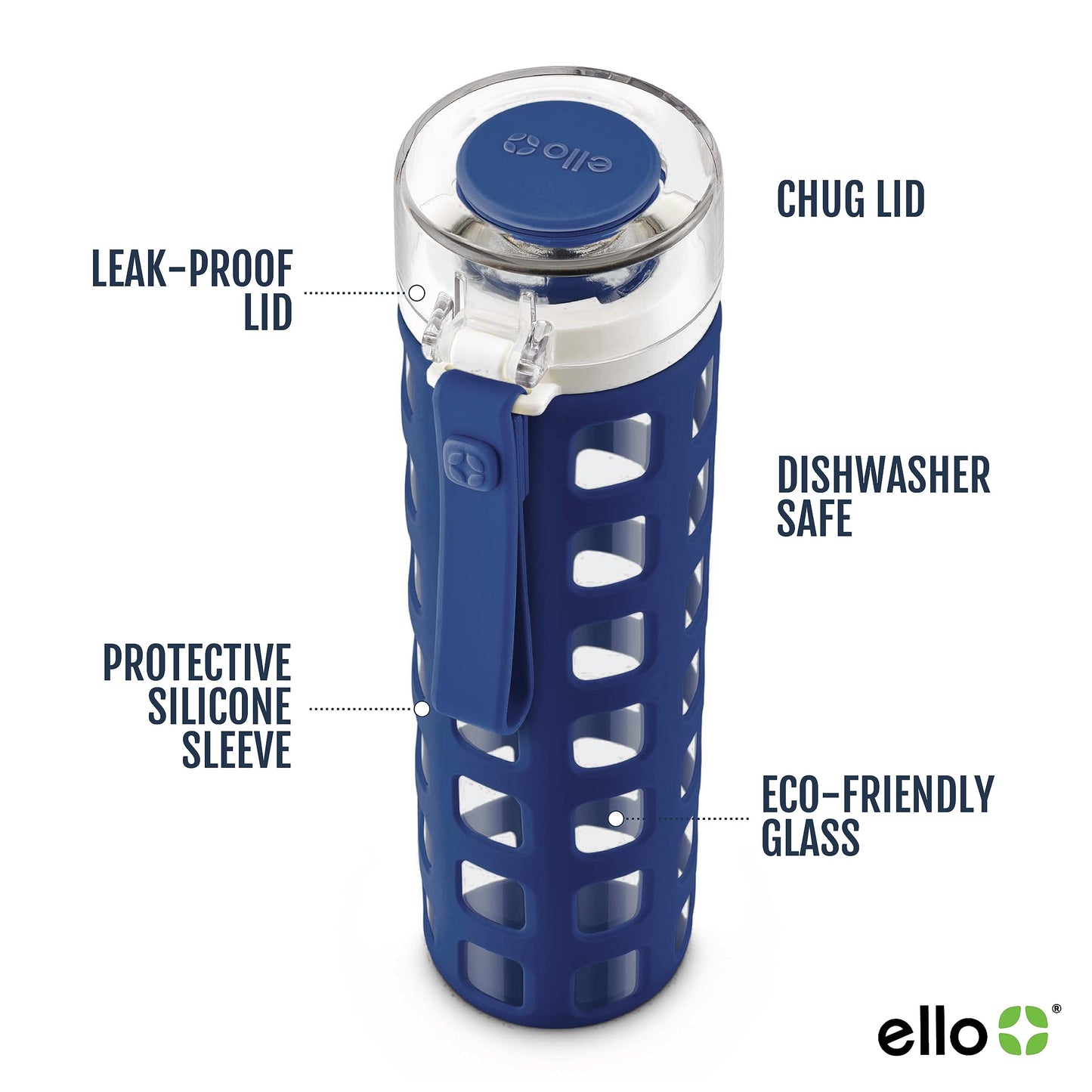 20 oz Ello Syndicate Reusable Glass Water Bottle with One-Touch Leak-Proof Flip Lid, Non-Slip Silicone Sleeve, Carry Loop, BPA-Free, Dishwasher Safe, Bold Blue