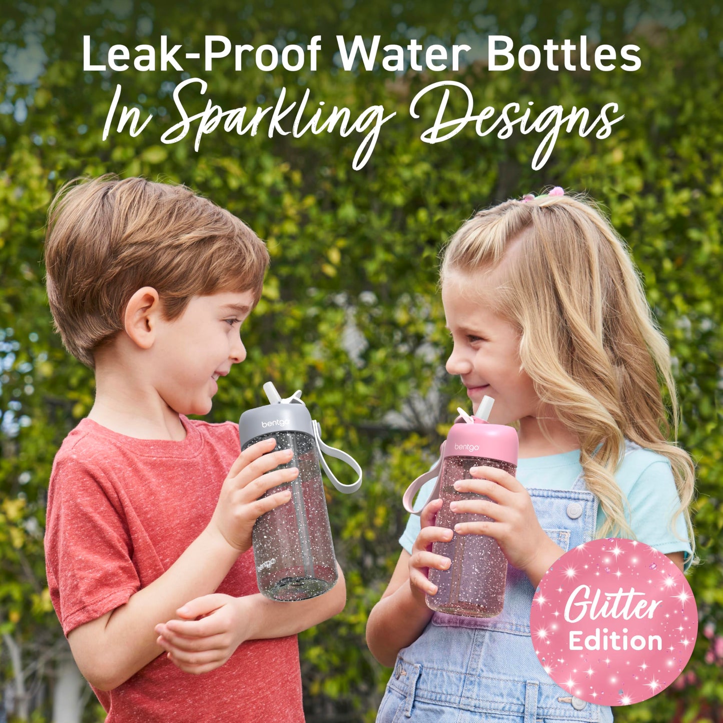 15 oz Bentgo Kids Water Bottle, Leak-Proof Durable Tritan, BPA-Free, Safe Sip Spout with Carry Handle, Dishwasher Safe, Glitter Edition Petal Pink, Ages 3+, School
