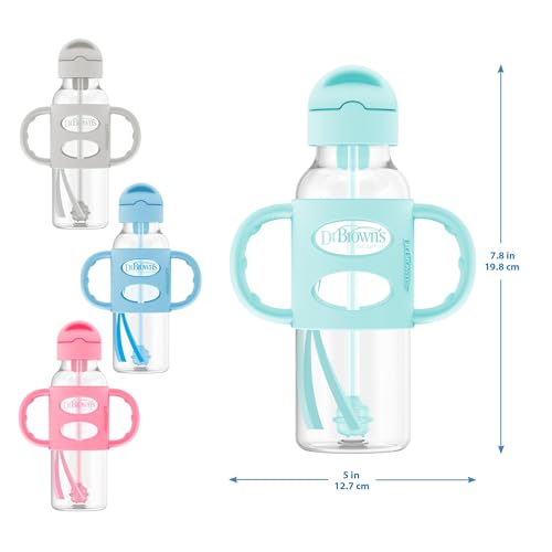 Dr. Brown's Milestones Narrow Sippy Straw Bottle, Spill-Proof with 100% Silicone Handles and Weighted Straw, 8 oz/250 mL, Gray & Blue, 6m+