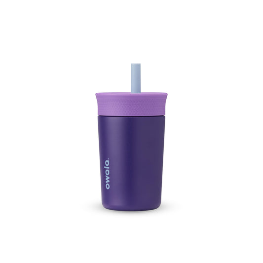 12 oz Owala Kids Stainless Steel Insulated Tumbler with Spill-Resistant Flexible Straw, Easy to Clean, Dishwasher Safe, Purple, Peacock Palace, Travel Water Bottle