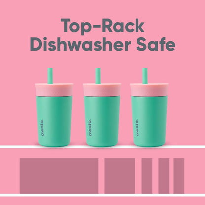 12 oz Owala Kids Stainless Steel Insulated Tumbler with Spill-Resistant Flexible Straw, Easy to Clean, Dishwasher Safe, Pink & Teal, Real Cool Fish, Travel Water Bottle