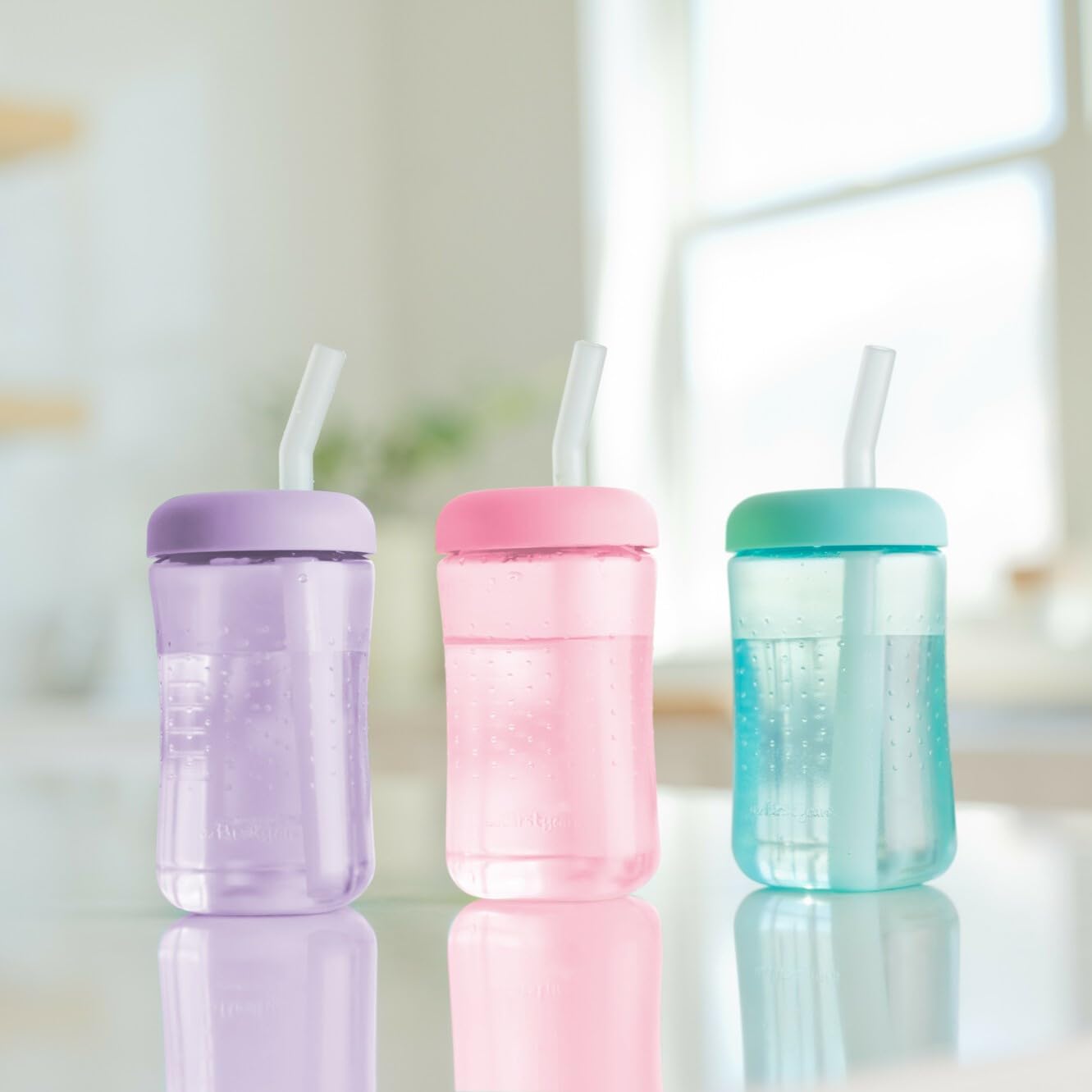 3 Pack 7 oz The First Years Squeeze & Sip Toddler Straw Cups, Squeezable Transition Sippy Cups with Silicone Straw, Pink, Purple, Blue, Ages 6 Months+