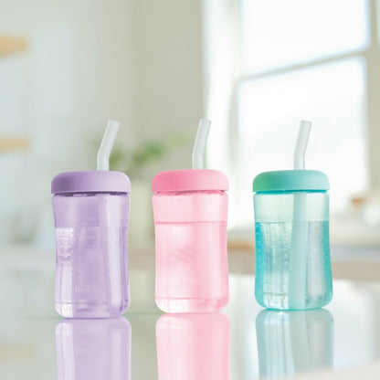 3 Pack 7 oz The First Years Squeeze & Sip Toddler Straw Cups, Squeezable Transition Sippy Cups with Silicone Straw, Pink, Purple, Blue, Ages 6 Months+