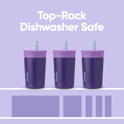 12 oz Owala Kids Stainless Steel Insulated Tumbler with Spill-Resistant Flexible Straw, Easy to Clean, Dishwasher Safe, Purple, Peacock Palace, Travel Water Bottle