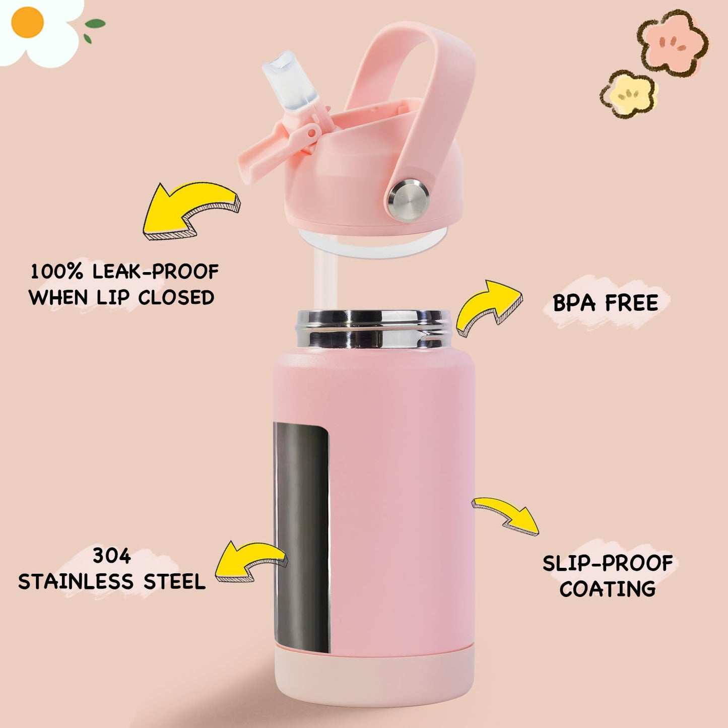 12 oz Kerilyn Kids Stainless Steel Insulated Water Bottle with Straw, Leak-Proof, BPA-Free, Pink, School Toddler Cup for Boys & Girls