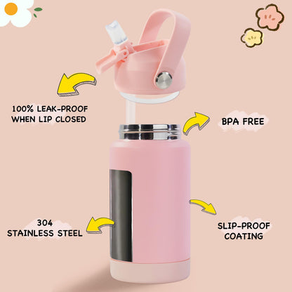 12 oz Kerilyn Kids Stainless Steel Insulated Water Bottle with Straw, Leak-Proof, BPA-Free, Pink, School Toddler Cup for Boys & Girls