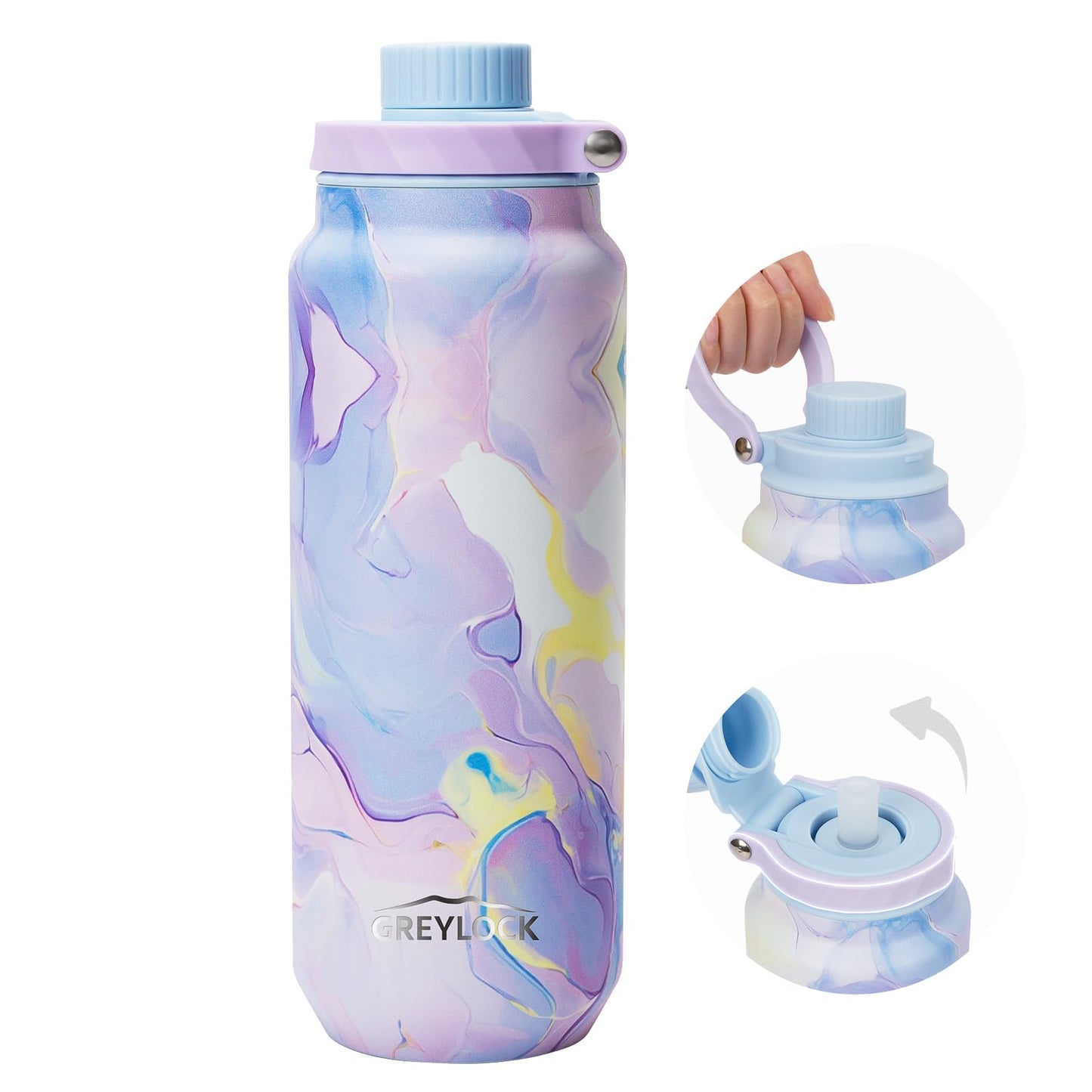 24 oz Greylock Insulated Stainless Steel Water Bottle with Straw Lid, Leak-Proof, Vacuum Flask, Keeps Cold & Hot 24H, Carry Handle, Silicone Spout, BPA-Free, Purple, Gym, Hiking, Travel