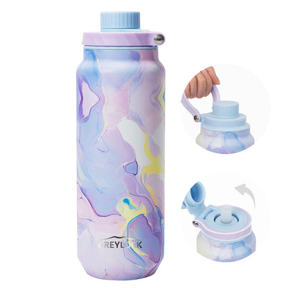24 oz Greylock Insulated Stainless Steel Water Bottle with Straw Lid, Leak-Proof, Vacuum Flask, Keeps Cold & Hot 24H, Carry Handle, Silicone Spout, BPA-Free, Purple, Gym, Hiking, Travel