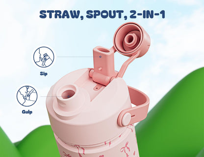 12 oz Kids Insulated Stainless Steel Water Bottle for Girls, Leak-Proof, BPA-Free, Straw Spout Lid, Cold 24H, Sunny Dreams, with Carrier Bag for School, Trip, Camping