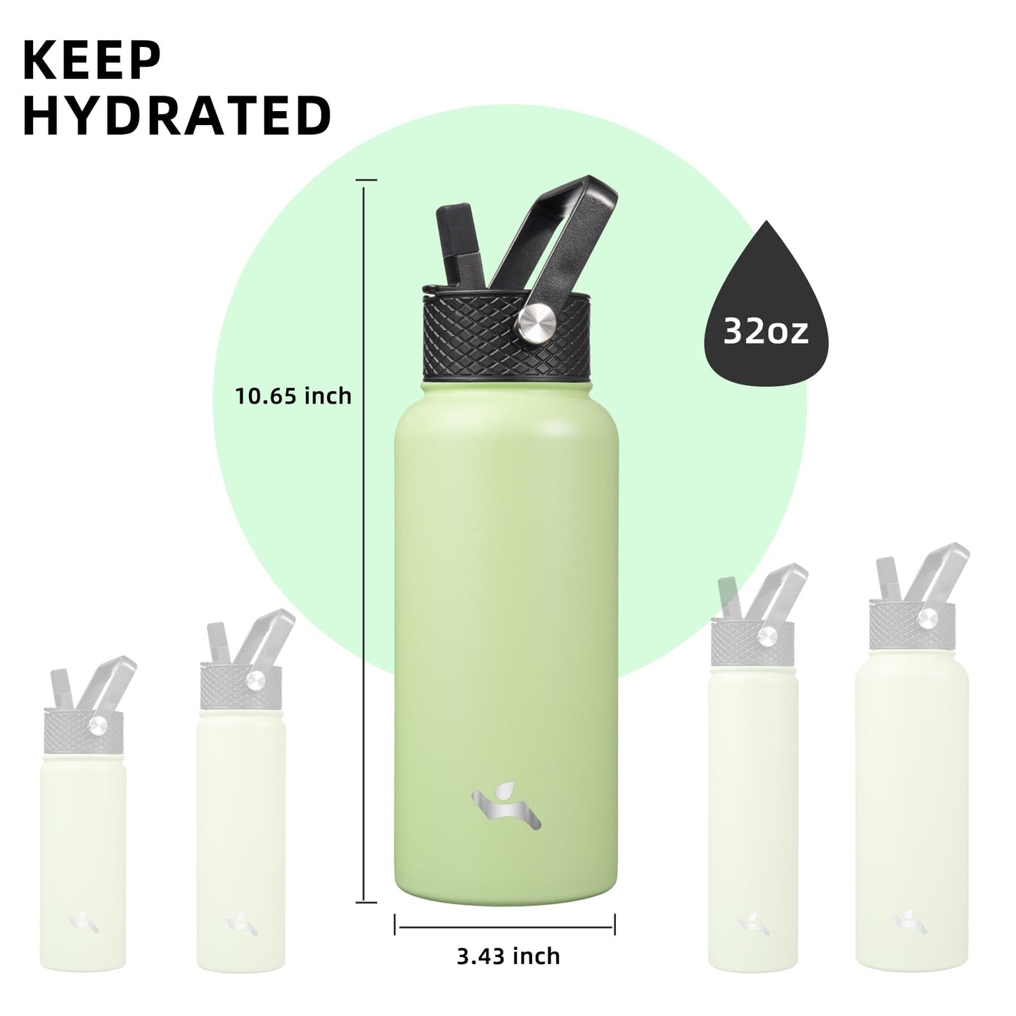 32 oz Stainless Steel Insulated Water Bottle with 3 Lids, Reusable Sports Bottle, Double Wall Vacuum Flask, Macaron Green