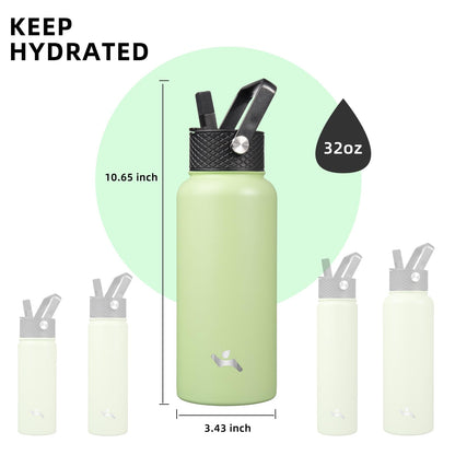32 oz Stainless Steel Insulated Water Bottle with 3 Lids, Reusable Sports Bottle, Double Wall Vacuum Flask, Macaron Green