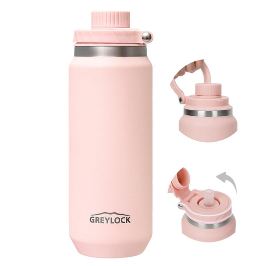 20 oz Greylock Insulated Stainless Steel Water Bottle with Straw Lid, Foldable Handle, Leak-Proof, Double-Wall Vacuum Insulation, Keeps Cold 24H, Light Pink