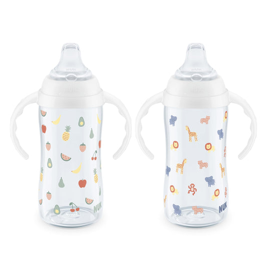 NUK Learner Sippy Cup – 10 oz, 2-Pack, Fun Fruits & Animals Design, Amazon Exclusive, BPA-Free, Spill-Proof, Soft Spout, for Babies 8+ Months
