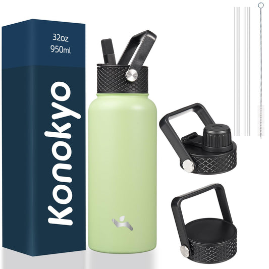 32 oz Stainless Steel Insulated Water Bottle with 3 Lids, Reusable Sports Bottle, Double Wall Vacuum Flask, Macaron Green