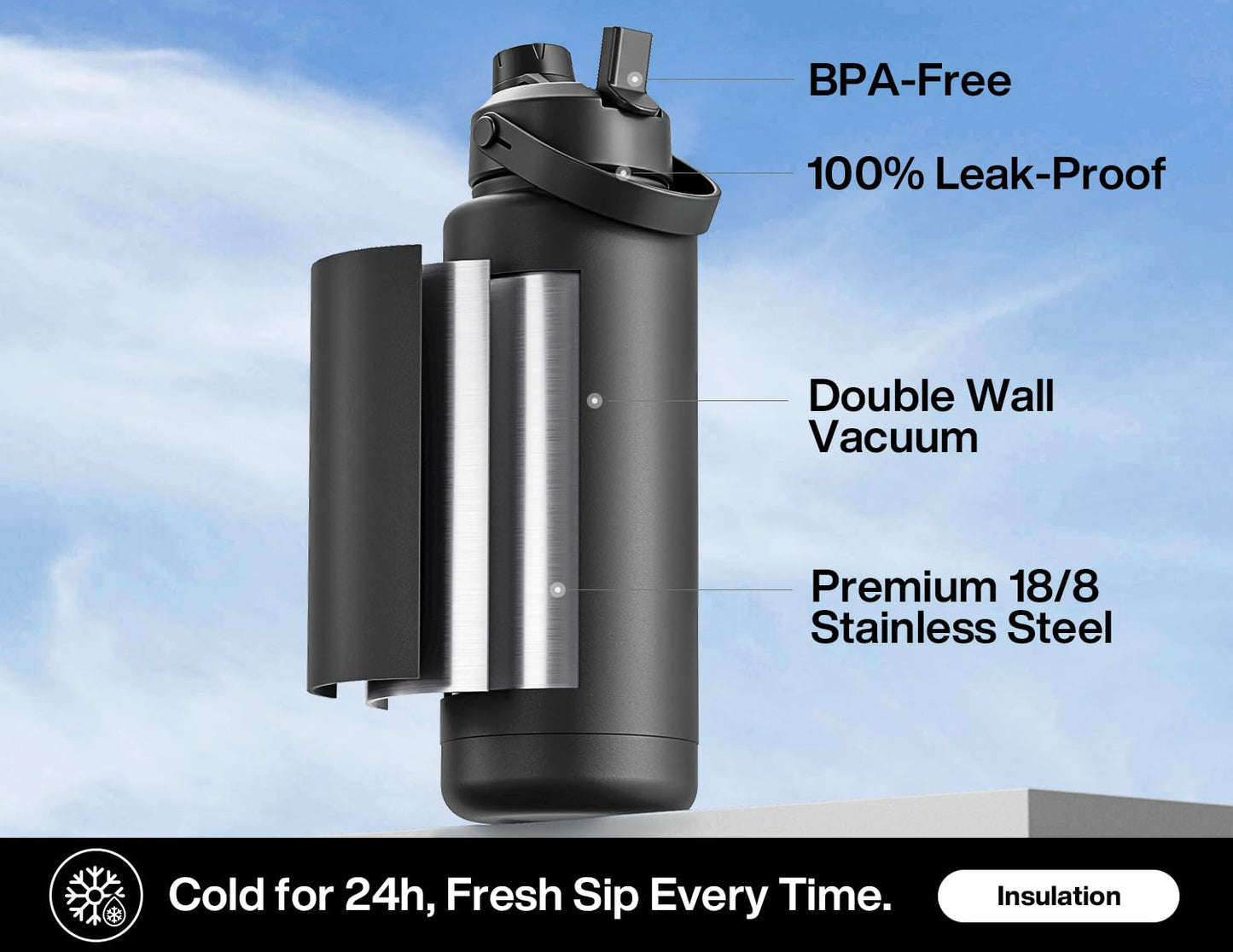 26 oz Insulated Stainless Steel Water Bottle with 2-in-1 Straw and Spout Lid, Leak-Proof, Cold 24H for Sports, Travel, School, Dark Knight