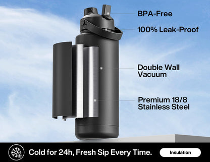 26 oz Insulated Stainless Steel Water Bottle with 2-in-1 Straw and Spout Lid, Leak-Proof, Cold 24H for Sports, Travel, School, Dark Knight