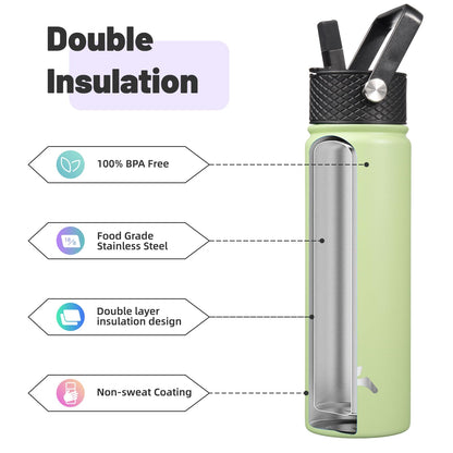 22oz Stainless Steel Bottles with 3 Lids Sport Insulated Water Bottle,Macaron Green