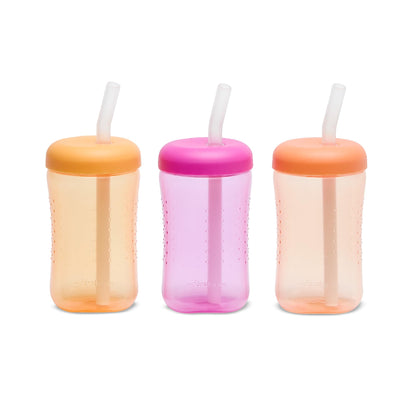 3 Pack 7 oz The First Years Squeeze & Sip Toddler Straw Cups, Squeezable Transition Sippy Cups with Silicone Straw, Yellow, Pink, Orange, Ages 6 Months+