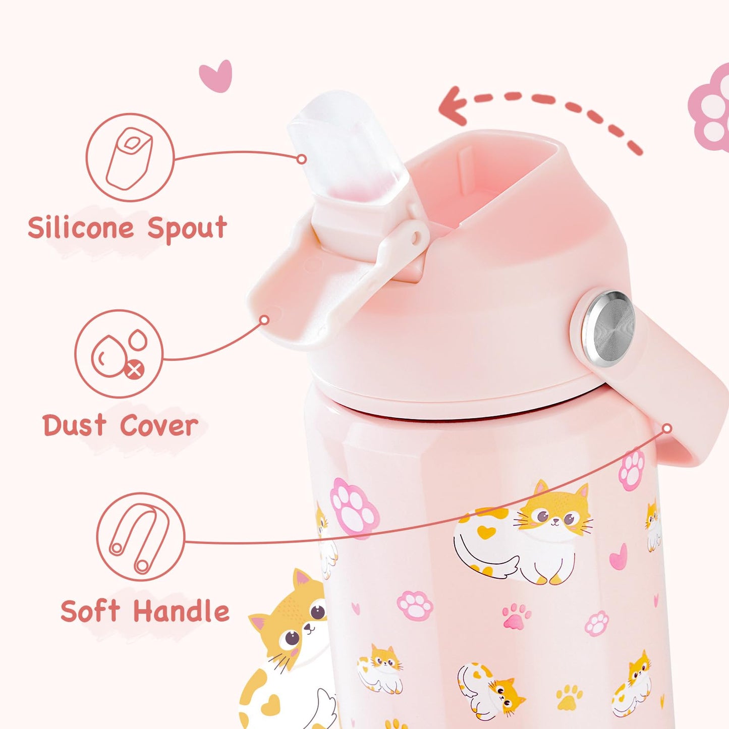 12 oz Kerilyn Kids Stainless Steel Insulated Water Bottle with Straw, Leak-Proof, BPA-Free, Kitty Design, Toddler Cup for School Boys & Girls