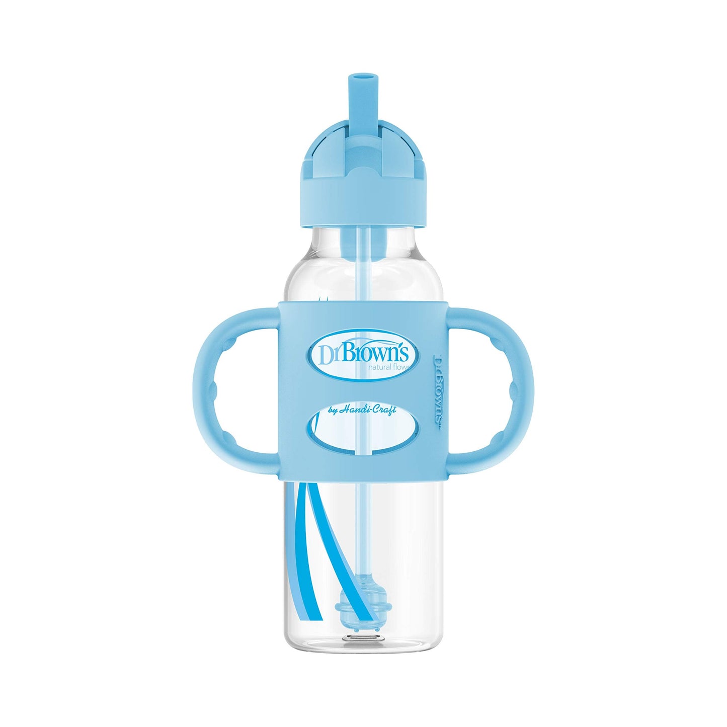 Dr. Brown's Milestones Narrow Sippy Straw Bottle, Spill-Proof with 100% Silicone Handles and Weighted Straw, 8 oz/250 mL, Gray & Blue, 6m+