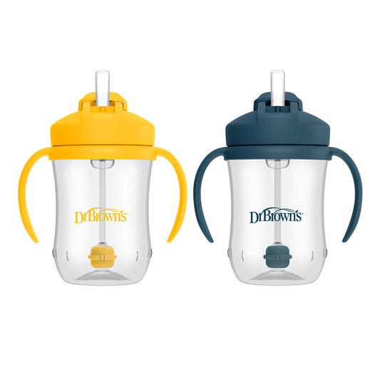 Dr. Brown's Milestones Baby's First Straw Cup – 2 Pack Training Cups with Weighted Straw, 9 oz/270 mL Each, Dark Blue & Vintage Yellow, BPA-Free, for Babies 6 Months+