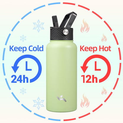 32 oz Stainless Steel Insulated Water Bottle with 3 Lids, Reusable Sports Bottle, Double Wall Vacuum Flask, Macaron Green