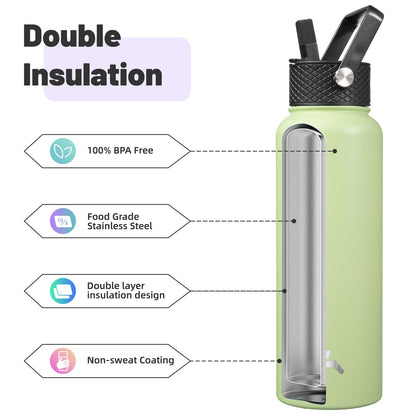 40 oz Stainless Steel Insulated Water Bottle with 3 Lids, Reusable Sports Bottle, Double Wall Vacuum Flask, Macaron Green