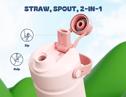 12 oz Kids Insulated Stainless Steel Water Bottle, 2-in-1 Straw Spout, Leak-Proof, BPA-Free, Cold 24H, Easy Carry, Pink Confetti, School, Sports, Camping Gift