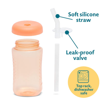 3 Pack 7 oz The First Years Squeeze & Sip Toddler Straw Cups, Squeezable Transition Sippy Cups with Silicone Straw, Yellow, Pink, Orange, Ages 6 Months+