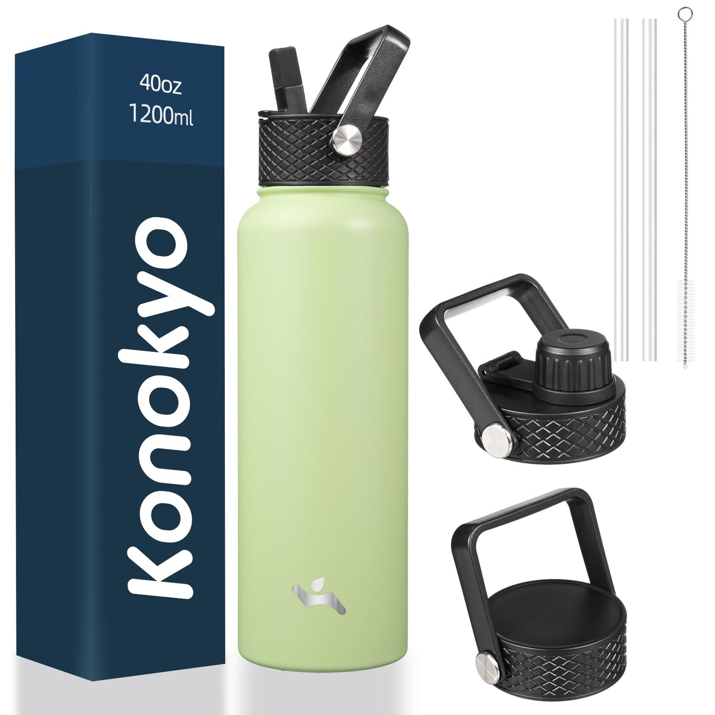 40 oz Stainless Steel Insulated Water Bottle with 3 Lids, Reusable Sports Bottle, Double Wall Vacuum Flask, Macaron Green