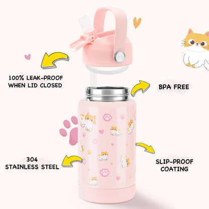 12 oz Kerilyn Kids Stainless Steel Insulated Water Bottle with Straw, Leak-Proof, BPA-Free, Kitty Design, Toddler Cup for School Boys & Girls