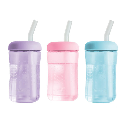 3 Pack 7 oz The First Years Squeeze & Sip Toddler Straw Cups, Squeezable Transition Sippy Cups with Silicone Straw, Pink, Purple, Blue, Ages 6 Months+