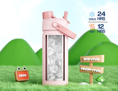 12 oz Kids Insulated Stainless Steel Water Bottle, 2-in-1 Straw Spout, Leak-Proof, BPA-Free, Cold 24H, Easy Carry, Pink Confetti, School, Sports, Camping Gift