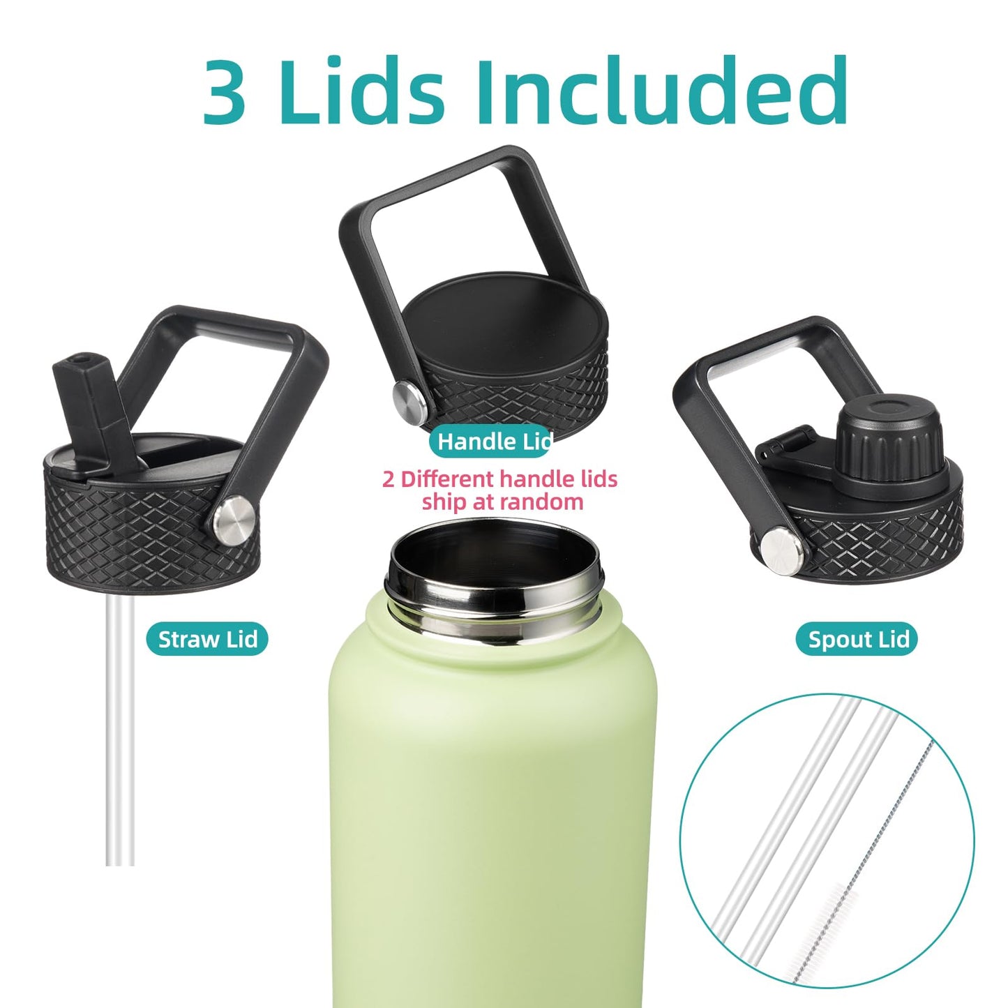 40 oz Stainless Steel Insulated Water Bottle with 3 Lids, Reusable Sports Bottle, Double Wall Vacuum Flask, Macaron Green