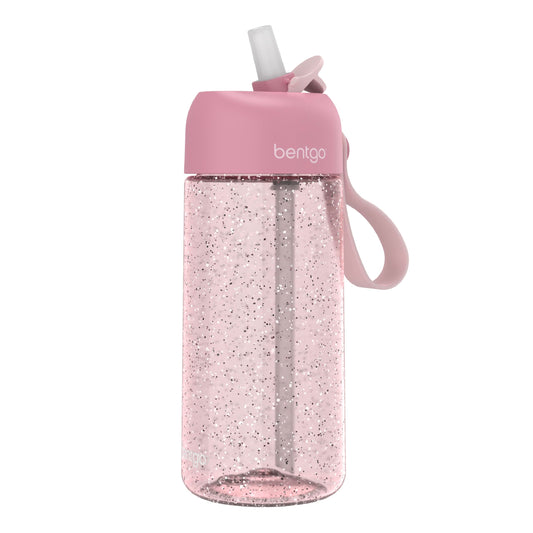 15 oz Bentgo Kids Water Bottle, Leak-Proof Durable Tritan, BPA-Free, Safe Sip Spout with Carry Handle, Dishwasher Safe, Glitter Edition Petal Pink, Ages 3+, School