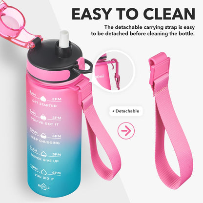 Enerbone Leak-Proof BPA-Free Motivational Water Bottle with Straw and Time Markers, Fitness Sports Bottle with Strap for Office, Gym, Outdoors