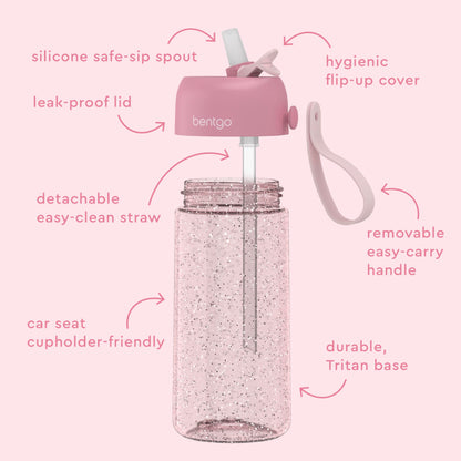 15 oz Bentgo Kids Water Bottle, Leak-Proof Durable Tritan, BPA-Free, Safe Sip Spout with Carry Handle, Dishwasher Safe, Glitter Edition Petal Pink, Ages 3+, School