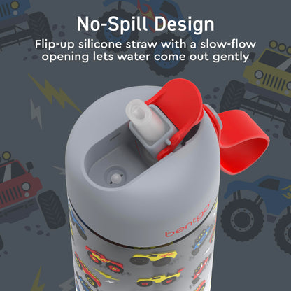 15 oz Bentgo Kids Water Bottle, Leak-Proof Durable Tritan, BPA-Free, Safe Sip Spout with Carry Handle, Dishwasher Safe, Trucks Design, Ages 3+, School, Sports, Daycare, Camp