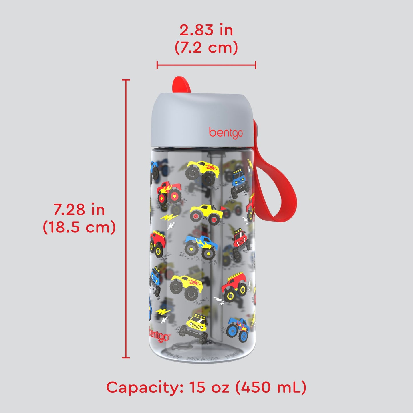 15 oz Bentgo Kids Water Bottle, Leak-Proof Durable Tritan, BPA-Free, Safe Sip Spout with Carry Handle, Dishwasher Safe, Trucks Design, Ages 3+, School, Sports, Daycare, Camp