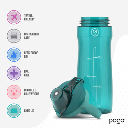 Pogo Plastic Water Bottle with Chug Lid and Carry Handle, Reusable, BPA-Free, Dishwasher Safe, Travel, School, Outdoors, Gym, 18 oz, 32 oz, 40 oz, 64 oz