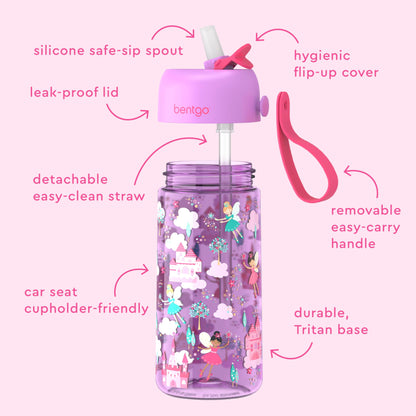 2 Pack 15 oz Bentgo Kids Water Bottles, Leak-Proof Durable Tritan, BPA-Free, Flip-Up Straw, Dishwasher Safe, Rainbows & Butterflies / Fairies, Ages 3+, School, Sports, Daycare, Camp