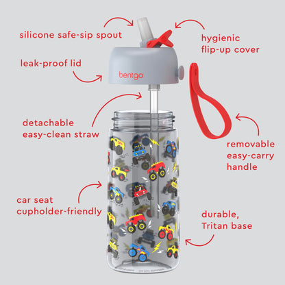 15 oz Bentgo Kids Water Bottle, Leak-Proof Durable Tritan, BPA-Free, Safe Sip Spout with Carry Handle, Dishwasher Safe, Trucks Design, Ages 3+, School, Sports, Daycare, Camp