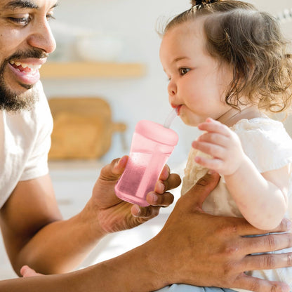 3 Pack 7 oz The First Years Squeeze & Sip Toddler Straw Cups, Squeezable Transition Sippy Cups with Silicone Straw, Pink, Purple, Blue, Ages 6 Months+