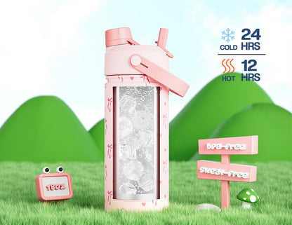 12 oz Kids Insulated Stainless Steel Water Bottle for Girls, Leak-Proof, BPA-Free, Straw Spout Lid, Cold 24H, Sunny Dreams, with Carrier Bag for School, Trip, Camping