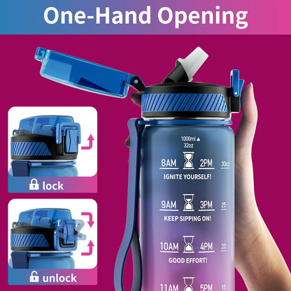 32 oz Motivational Water Bottle with Straw, Time Marker, BPA-Free Tritan, 1L Leak-Proof Sports Bottle with Carry Strap for Women, Gym, Fitness, Outdoor