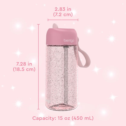 15 oz Bentgo Kids Water Bottle, Leak-Proof Durable Tritan, BPA-Free, Safe Sip Spout with Carry Handle, Dishwasher Safe, Glitter Edition Petal Pink, Ages 3+, School