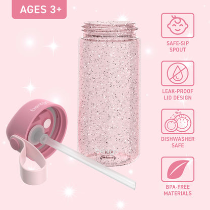 15 oz Bentgo Kids Water Bottle, Leak-Proof Durable Tritan, BPA-Free, Safe Sip Spout with Carry Handle, Dishwasher Safe, Glitter Edition Petal Pink, Ages 3+, School