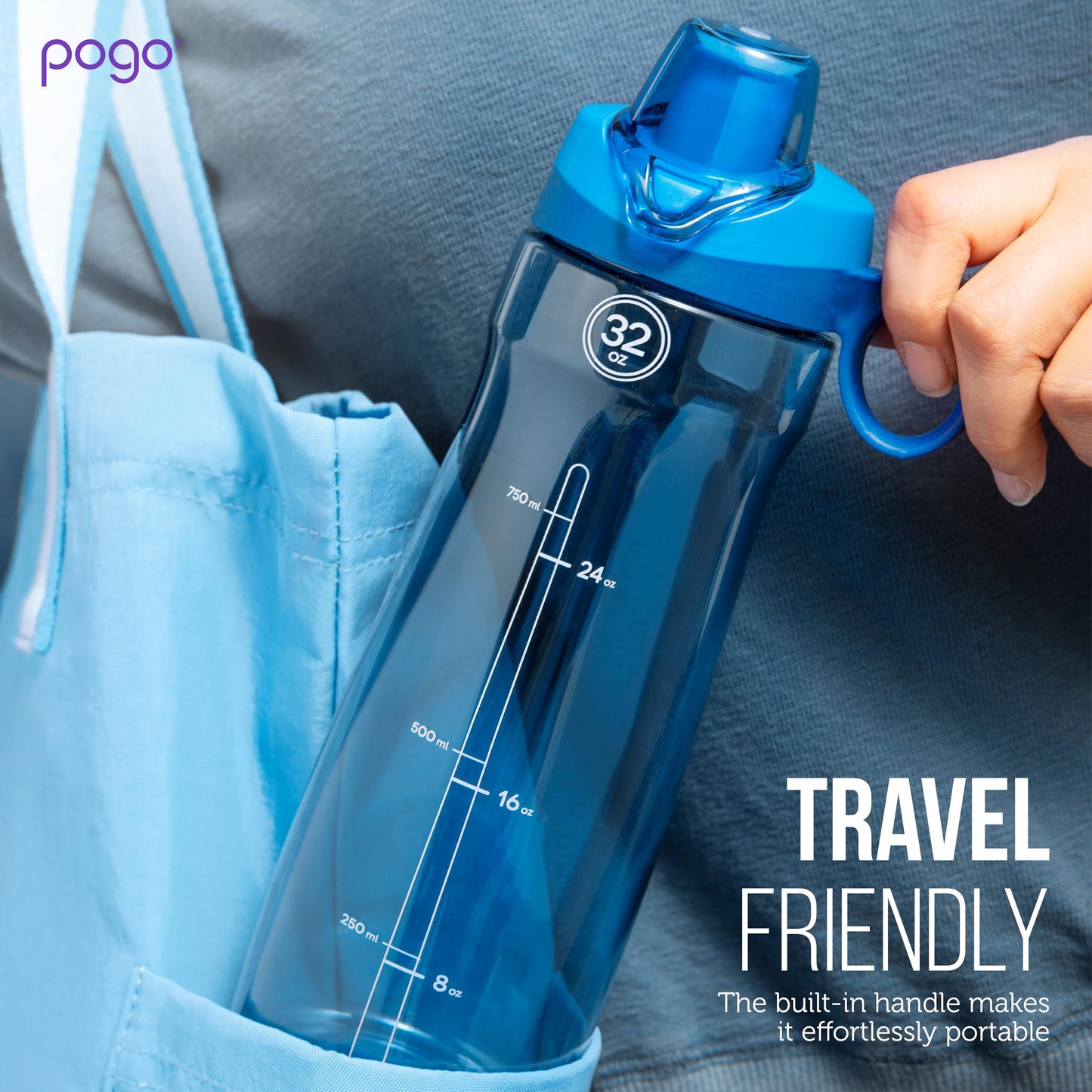 Pogo Plastic Water Bottle with Straw Lid and Carry Handle, Reusable, BPA-Free, Dishwasher Safe, Travel, School, Outdoors, Gym, 32 oz & 40 oz