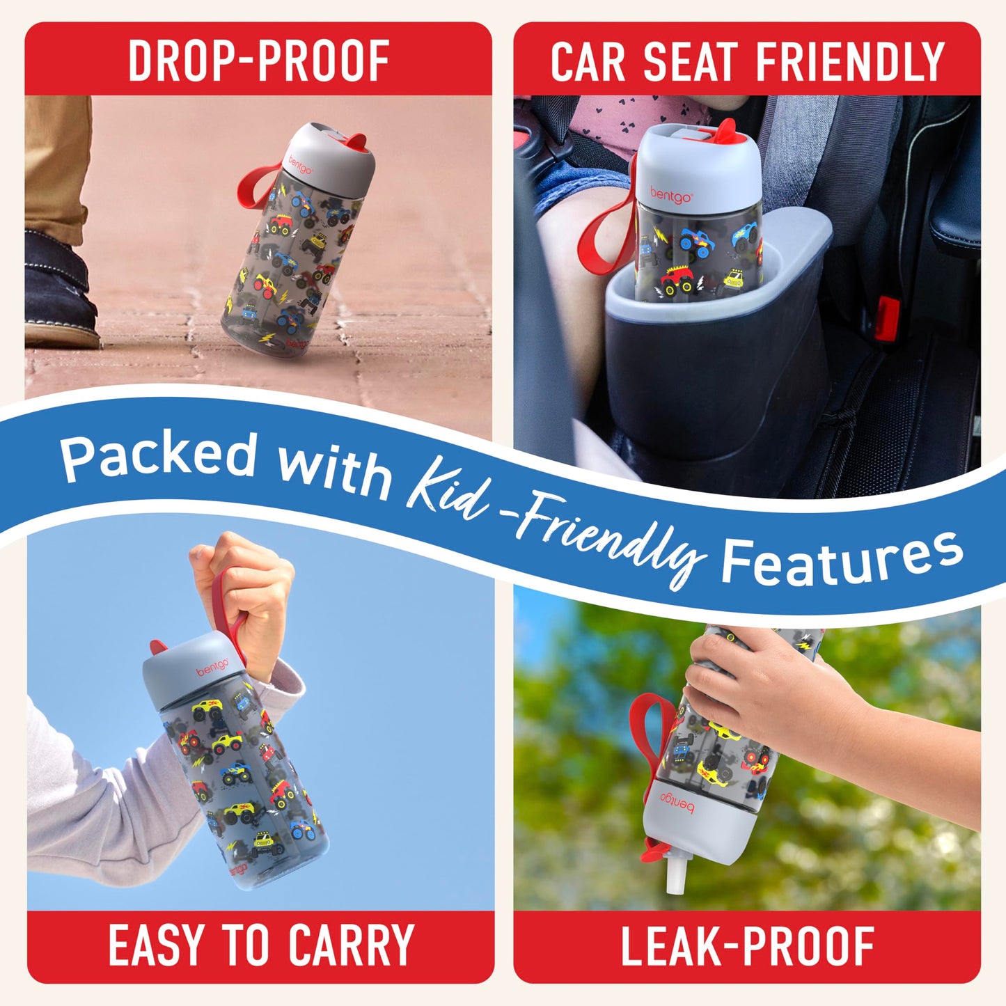 15 oz Bentgo Kids Water Bottle, Leak-Proof Durable Tritan, BPA-Free, Safe Sip Spout with Carry Handle, Dishwasher Safe, Trucks Design, Ages 3+, School, Sports, Daycare, Camp